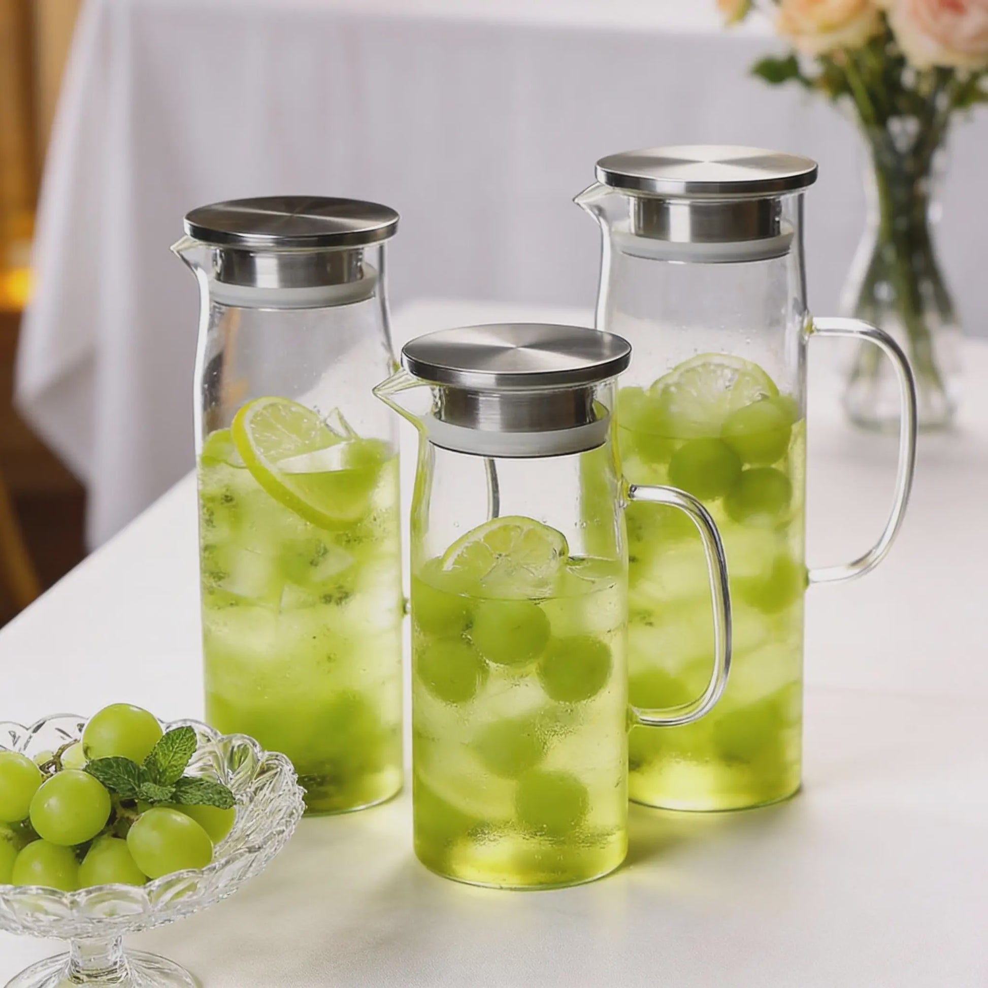 Glazen Waterkan met Roestvrijstalen Deksel - 1L, 1.2L & 1.5L - Perfect voor Water, Sap & Koffie
