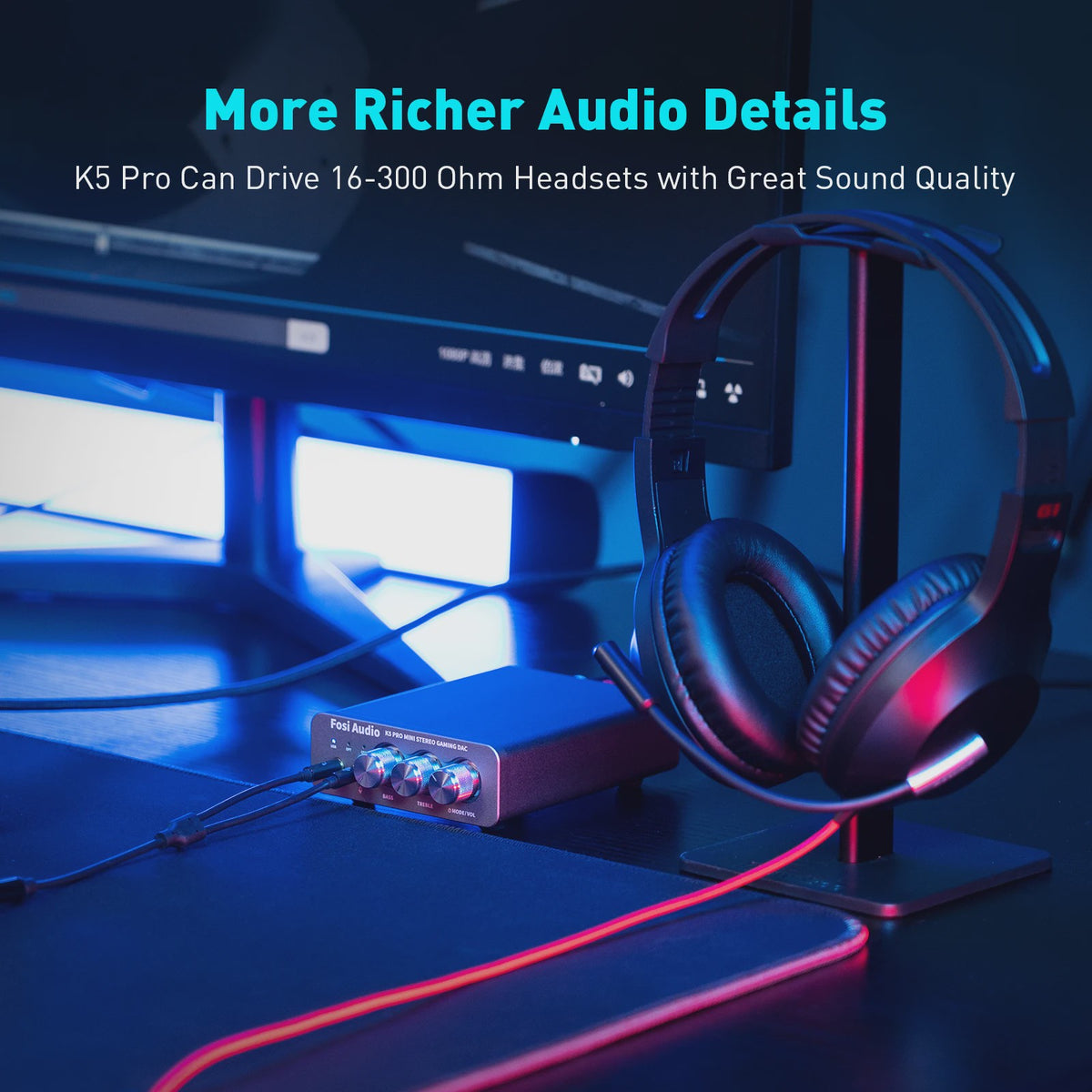 Fosi Audio K5 PRO Mini Gaming DAC & Hoofdtelefoonversterker met Microfoon