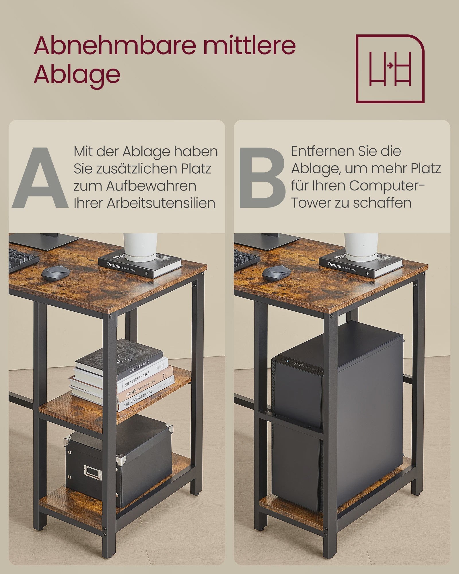 VASAGLE L-vormig Hoekbureau - Ruimtebesparend Kantoor Bureau 130x120x76 cm