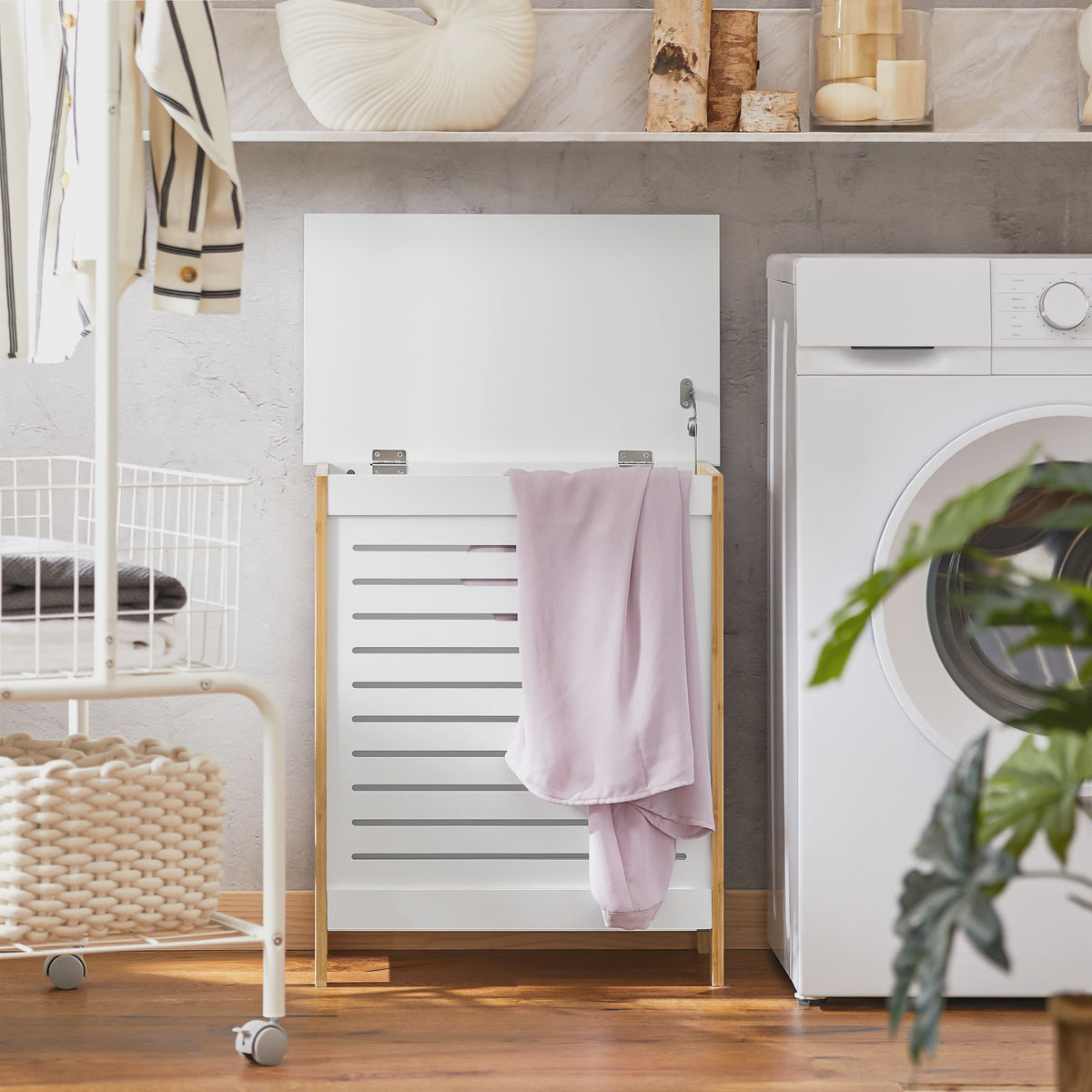 Stijlvolle Witte Wasbox met Bamboe Frame en Deksel