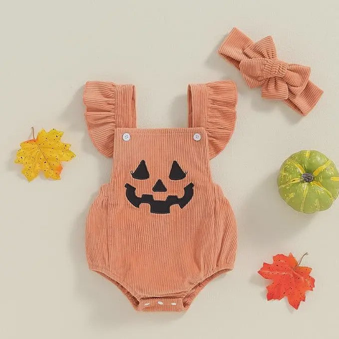 Schattige Halloween Baby Romper met Pompoenprint & Mutsje - 1-12 Maanden