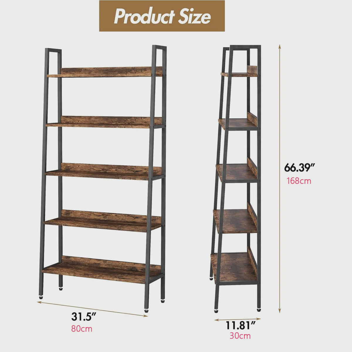 5-Laags Ladder Boekenkast - Smal Houten Wandrek met Metalen Frame