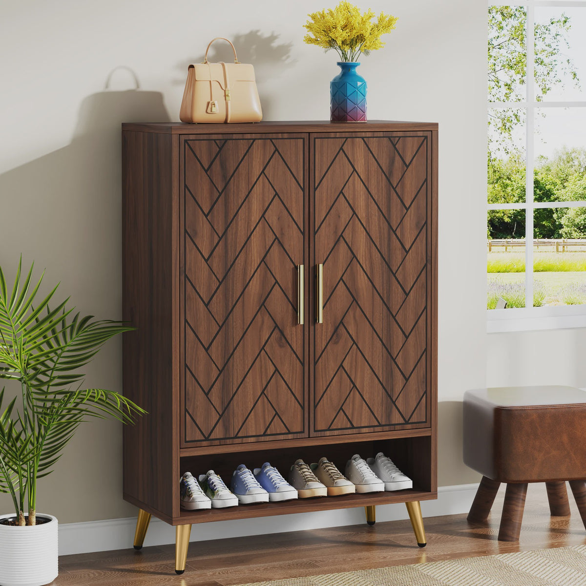 Stijlvolle 6-Laags Houten Schoenenkast met Deuren - Walnoot Design