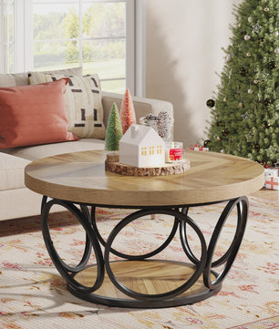 Ronde Houten Salontafel 80cm met 2-Laags Opbergruimte - Landhuisstijl