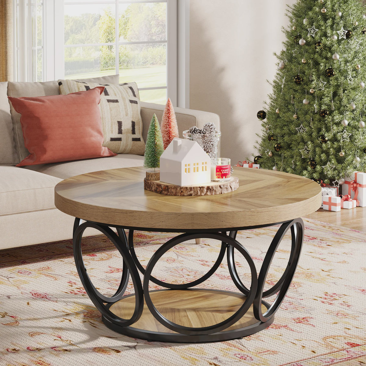 Ronde Houten Salontafel 80cm met 2-Laags Opbergruimte - Landhuisstijl