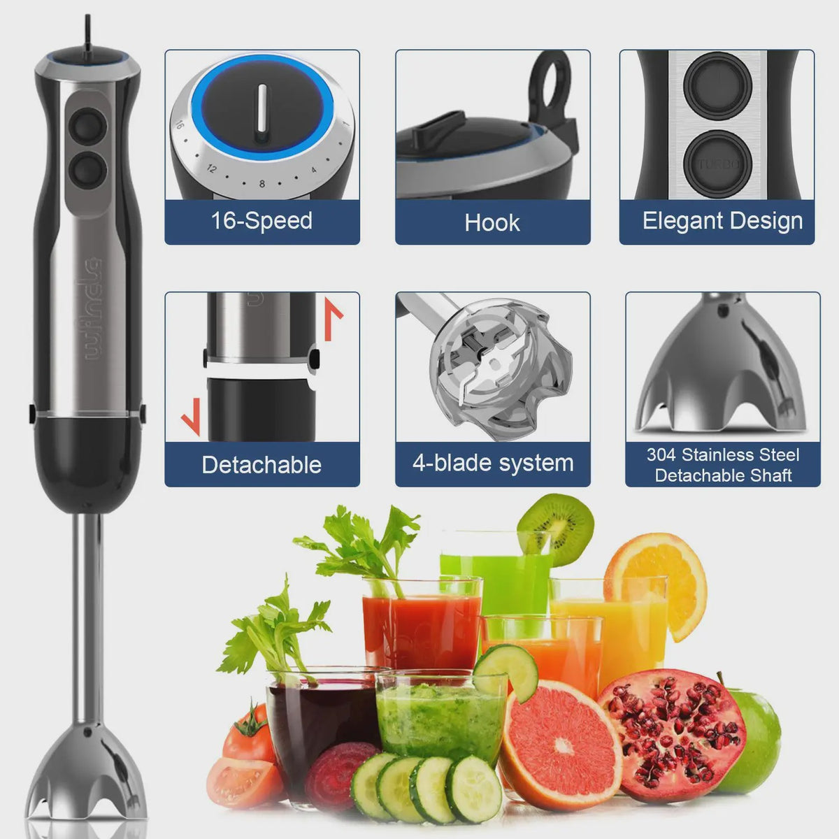 Wancle 4-in-1 Staafmixer met 1000W Motor, 16 Snelheden en Turbo