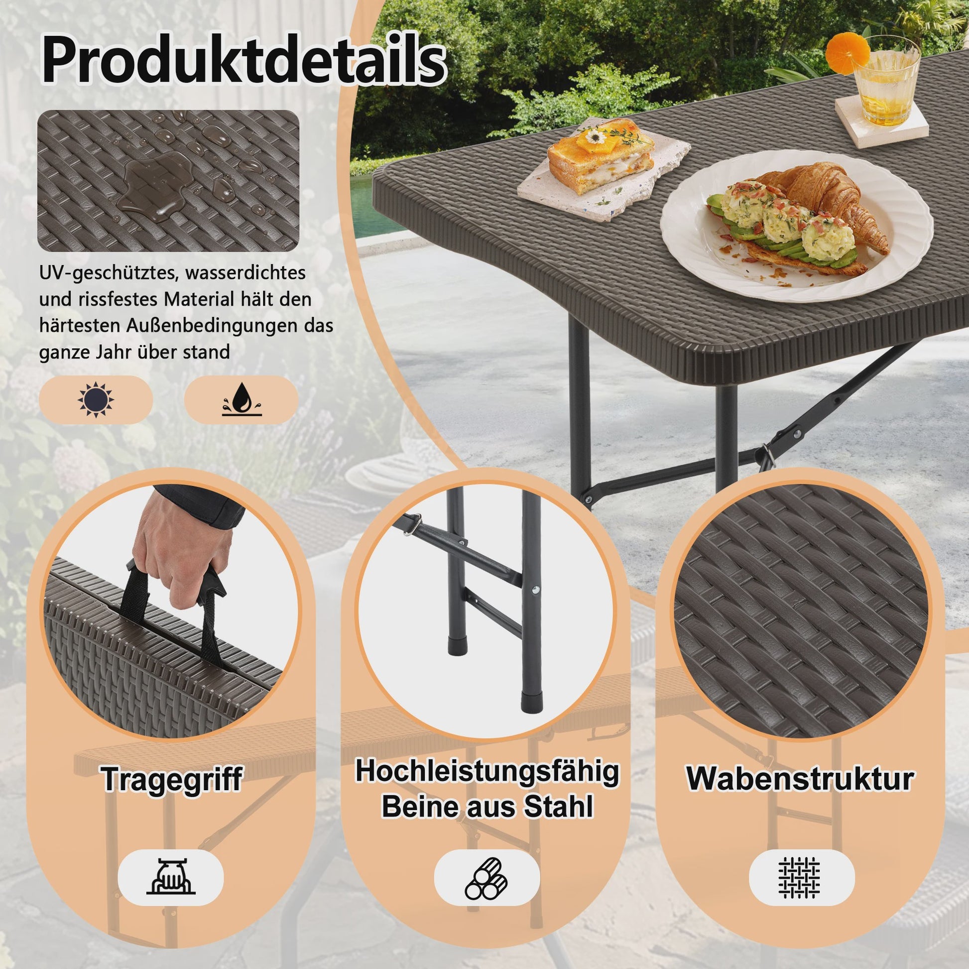 Opvouwbare Picknicktafel Set met 2 Banken - 180cm HDPE, UV-bestendig, Bruin