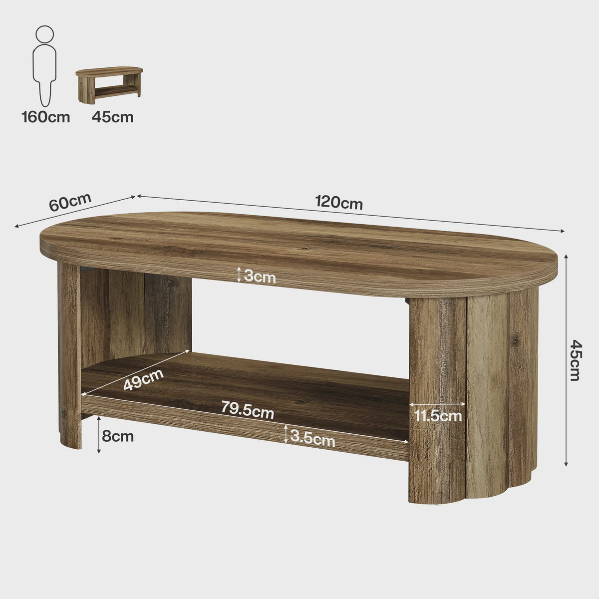 Rustieke Ovalen Salontafel met 2 Lagen Opbergruimte - 120cm Breed
