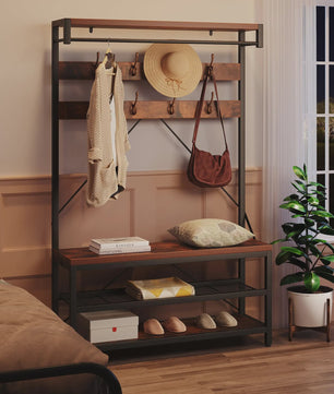 Industriële Garderobemeubel met Bank, 8 Haken, Kleiderstange & Schoenrek