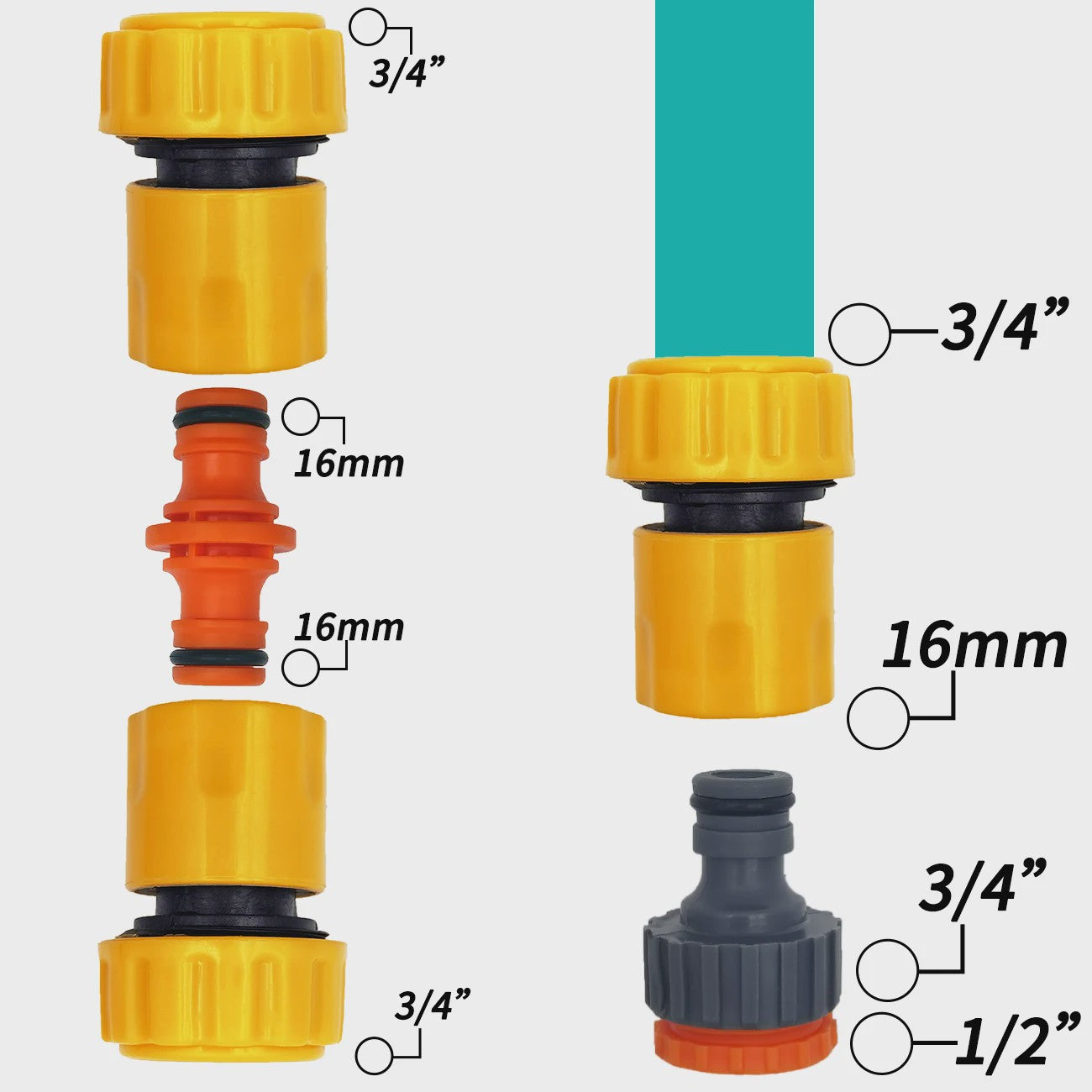 Set van 6 Tuinslang Koppelingen - 3/4" & 1/2" - Snelkoppeling voor Reparatie & Irrigatie