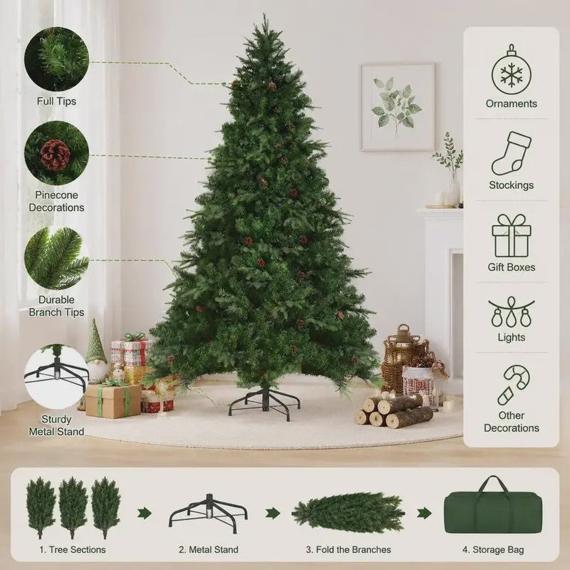 Kunstkerstboom met LED-verlichting en dennenappels - 210 cm