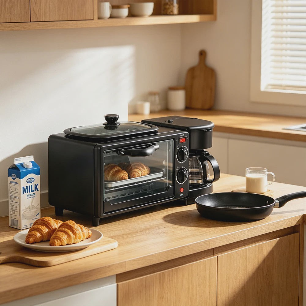 Multifunctionele Ontbijt Machine: Koffiezetter, Oven, Bakplaat & Broodrooster