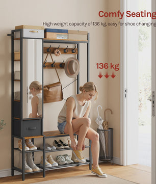 WOLTU Kapstok met Schoenrek, Spiegel en Lades - Open Garderoberek Metaal & Hout 100x30x180cm