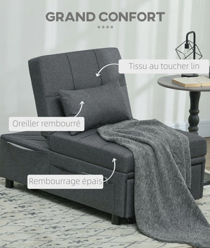 HOMCOM Fauteuil Bed 1-Persoons - Verstelbaar, Grijze Bekleding met Kussen