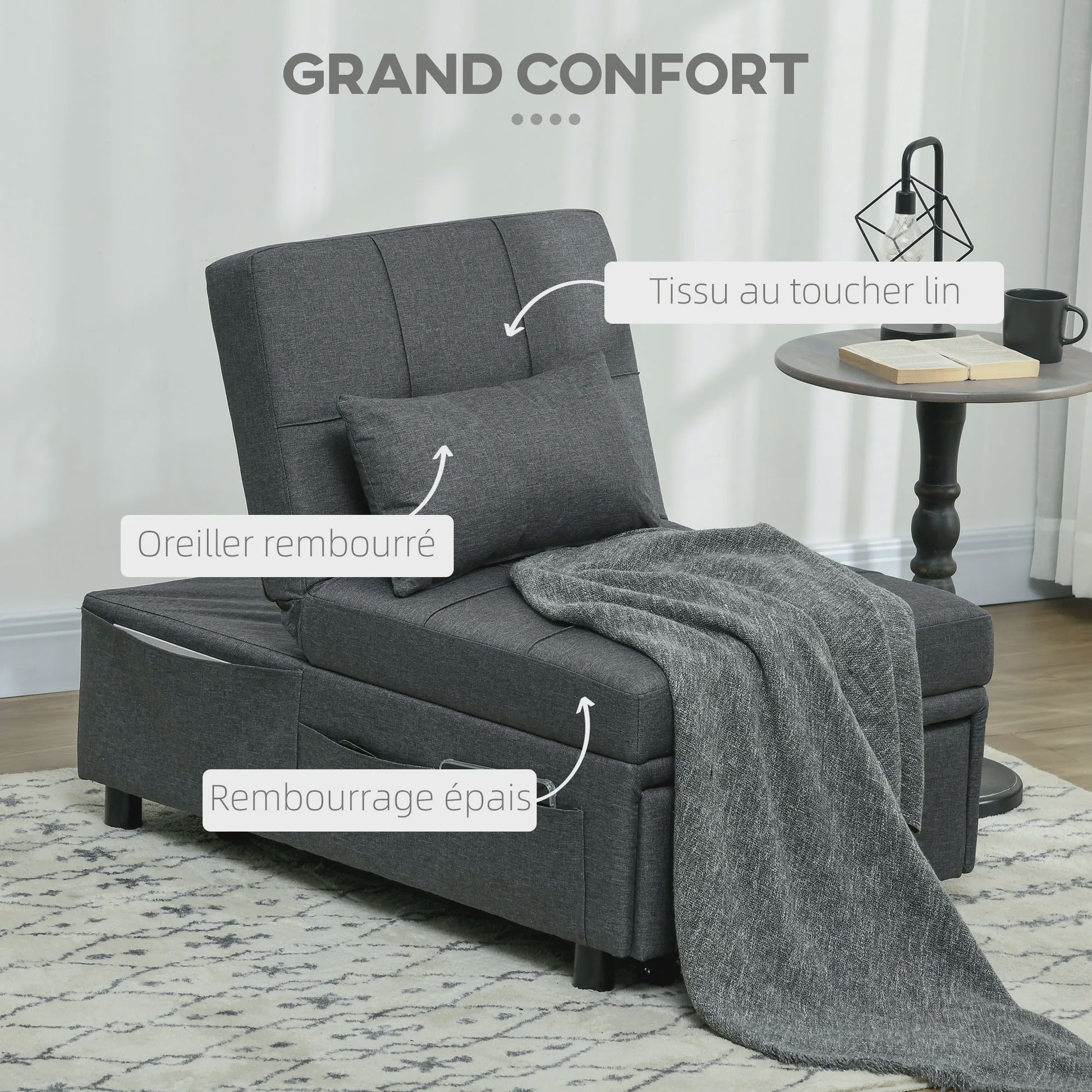 HOMCOM Fauteuil Bed 1-Persoons - Verstelbaar, Grijze Bekleding met Kussen