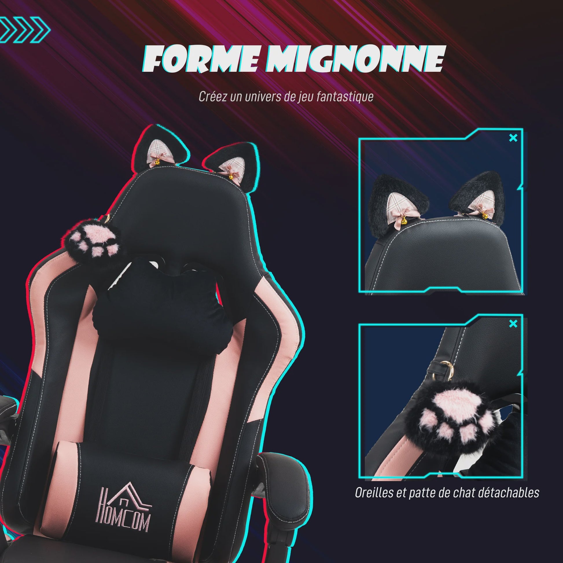 HOMCOM Ergonomische Gaming Stoel met Kattenoren - Verstelbaar & Comfortabel - Zwart