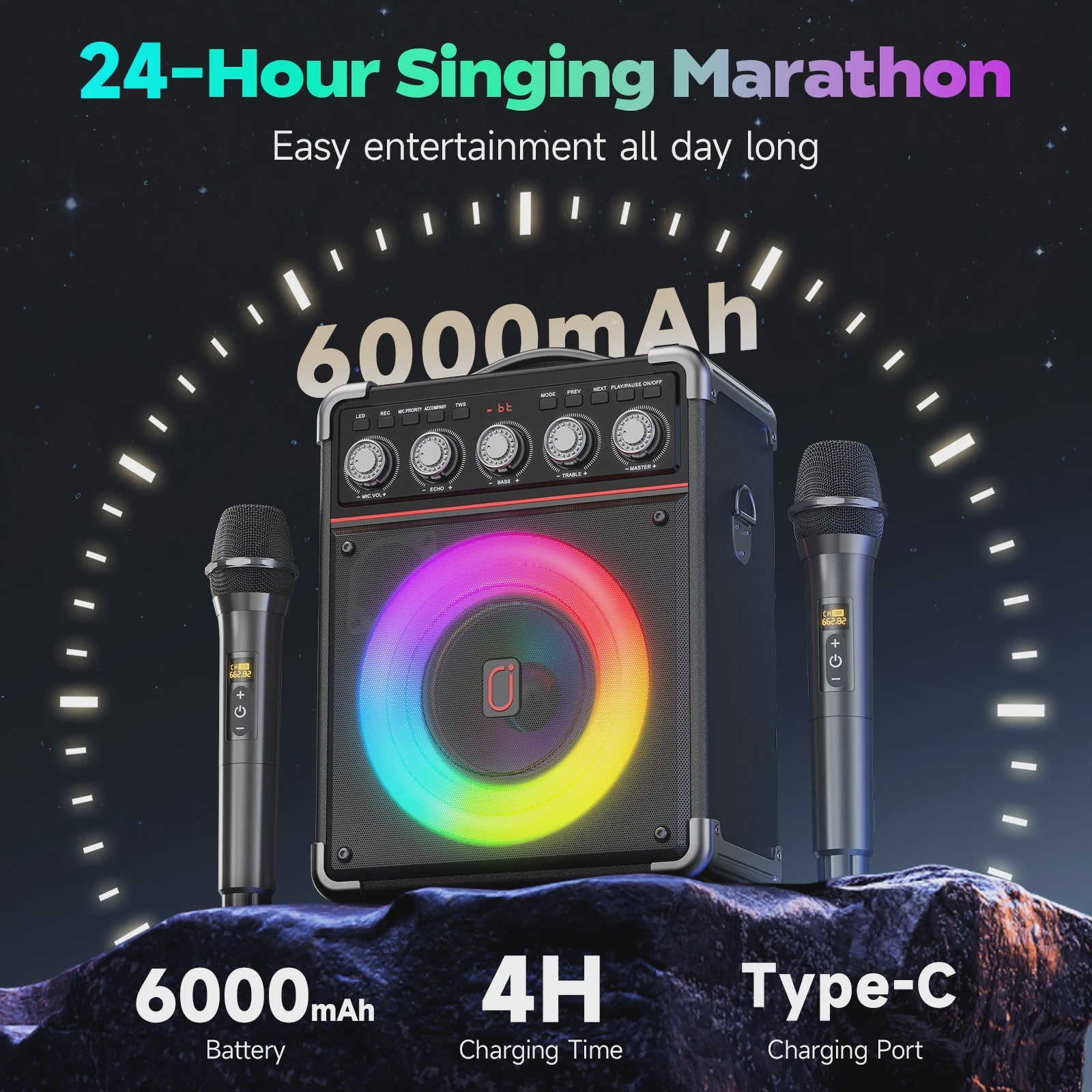 TX05 Karaoke Machine met 2 Draadloze Microfoons & RGB Licht