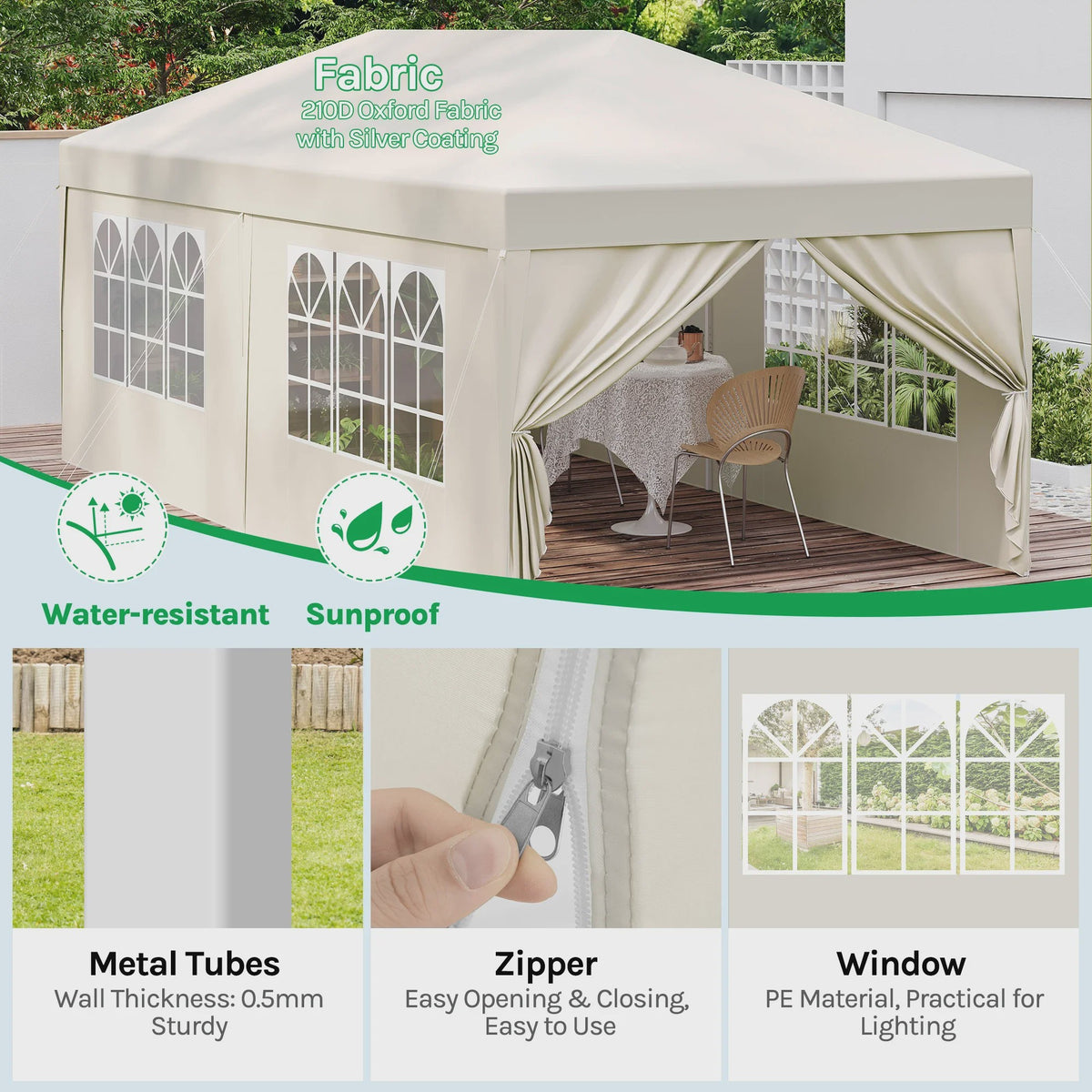 Pop-Up Partytent 3x6m Beige - Waterdicht, UV-beschermend & Inclusief Zijwanden