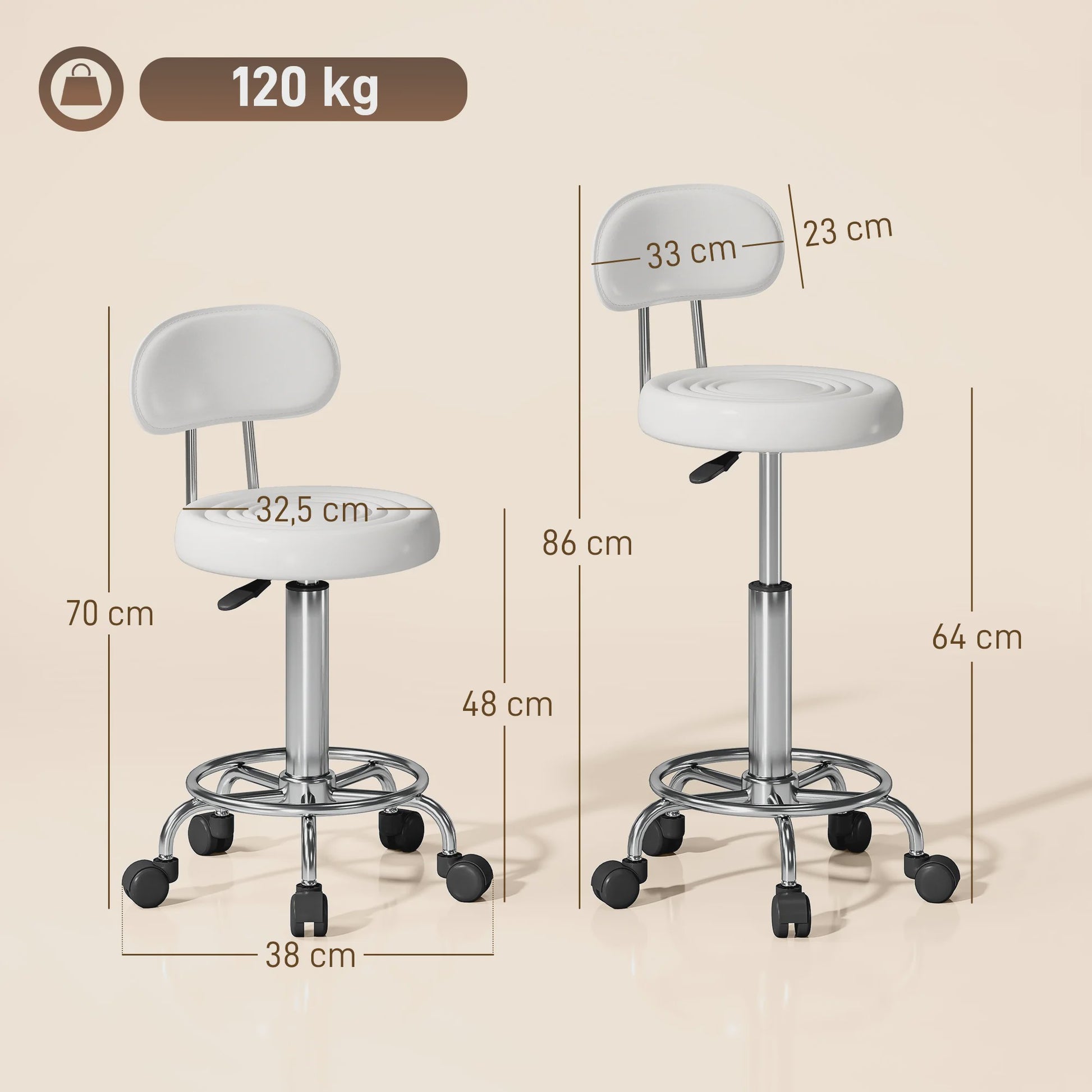 Verstelbare Draaibare Kruk met Rugleuning en Wielen - Wit - Ideaal voor Salon & Studio