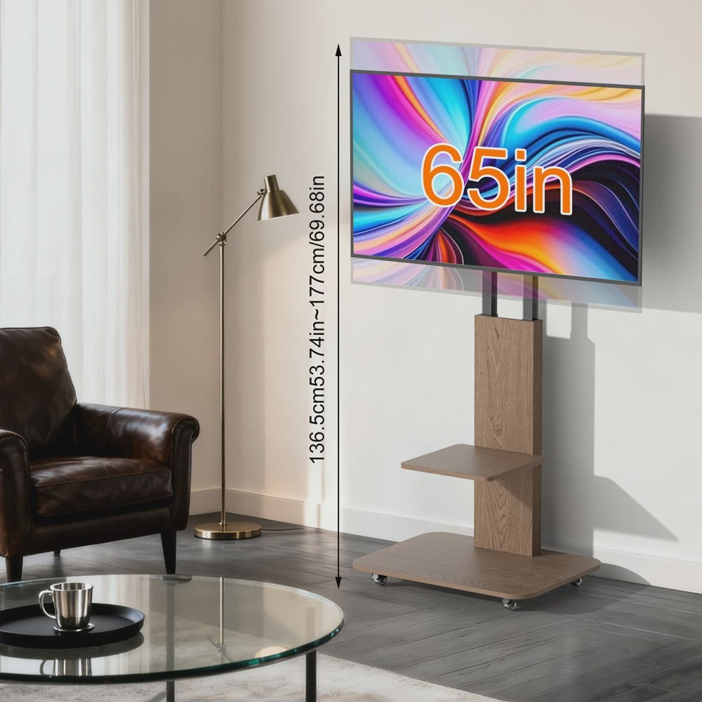 Verrijdbaar TV-meubel met Plank - In Hoogte Verstelbaar (40-75 inch) - Heavy Duty Staal & Hout