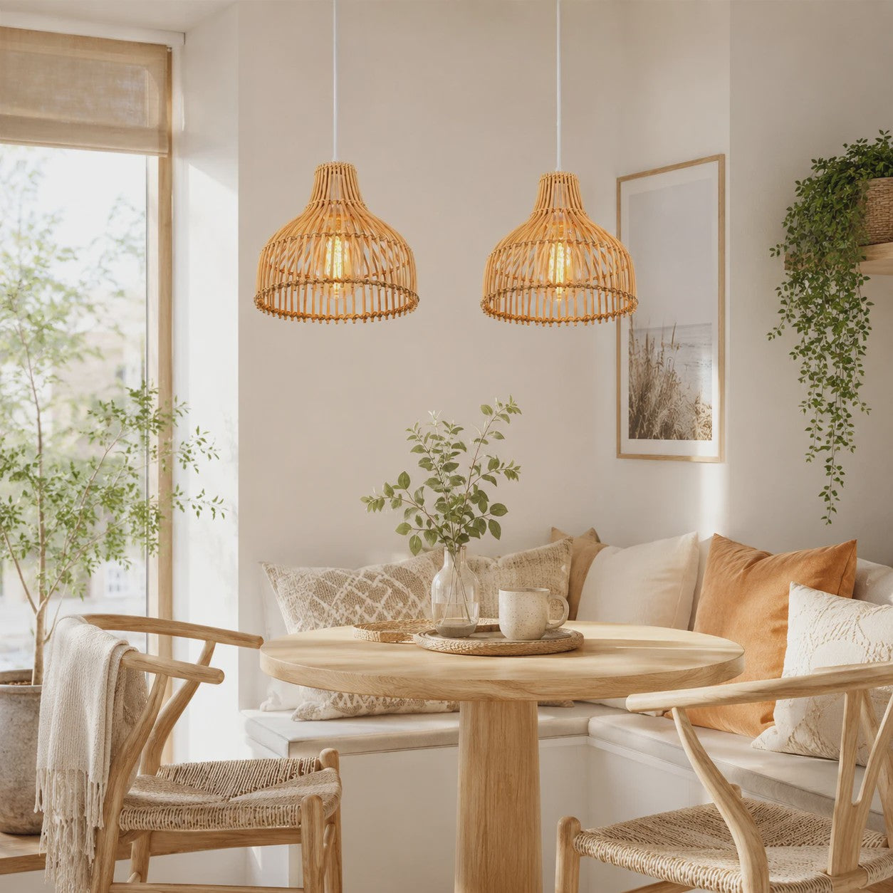 Rieten Hanglamp 24cm - Boho Stijl Plafondlamp voor Keuken, Woon- en Eetkamer