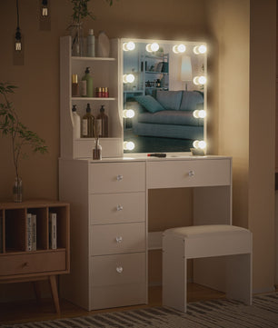 Witte Kaptafel met Schuifspiegel, Dimbare LED Verlichting, 6 Lades en Kruk