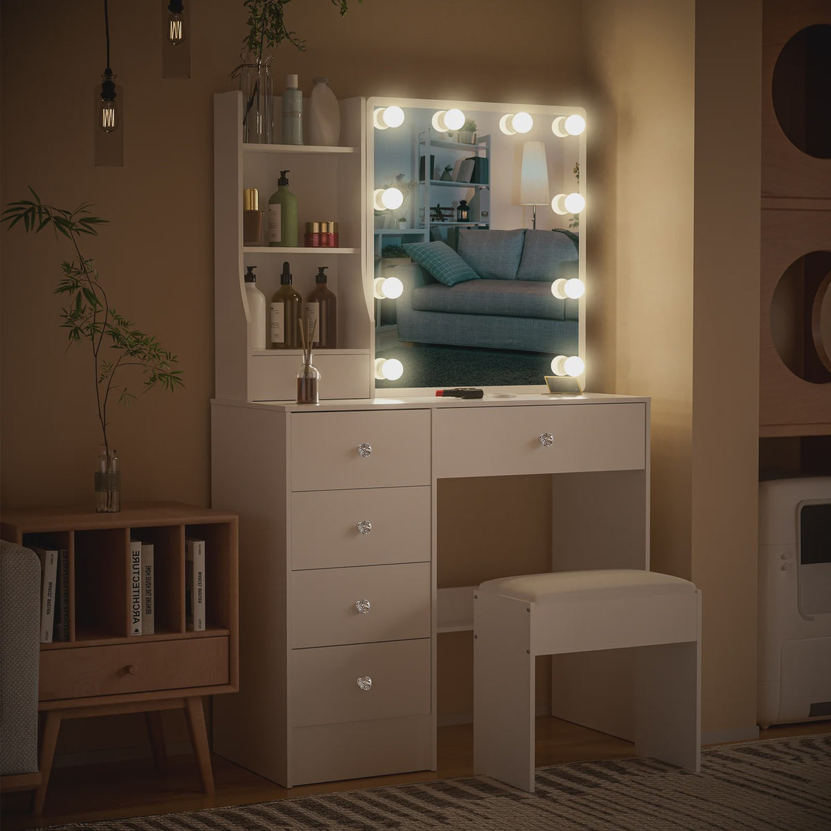 Witte Kaptafel met Schuifspiegel, Dimbare LED Verlichting, 6 Lades en Kruk