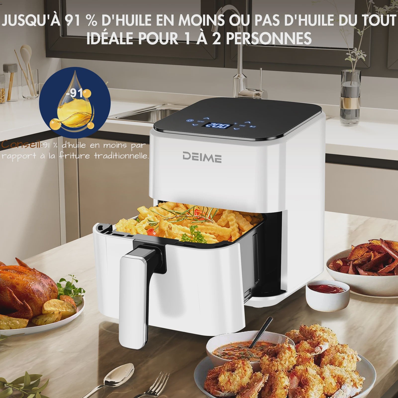 DEIME Compacte Airfryer 2.5L - Olievrij, Digitaal Touchscreen, Vaatwasmachinebestendig