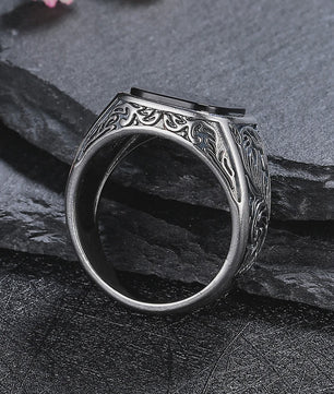 Heren Ring Zwart Onyx Vierkant 12x14mm Vintage Sterling Zilver - Stoere Gothic Statement Ring
