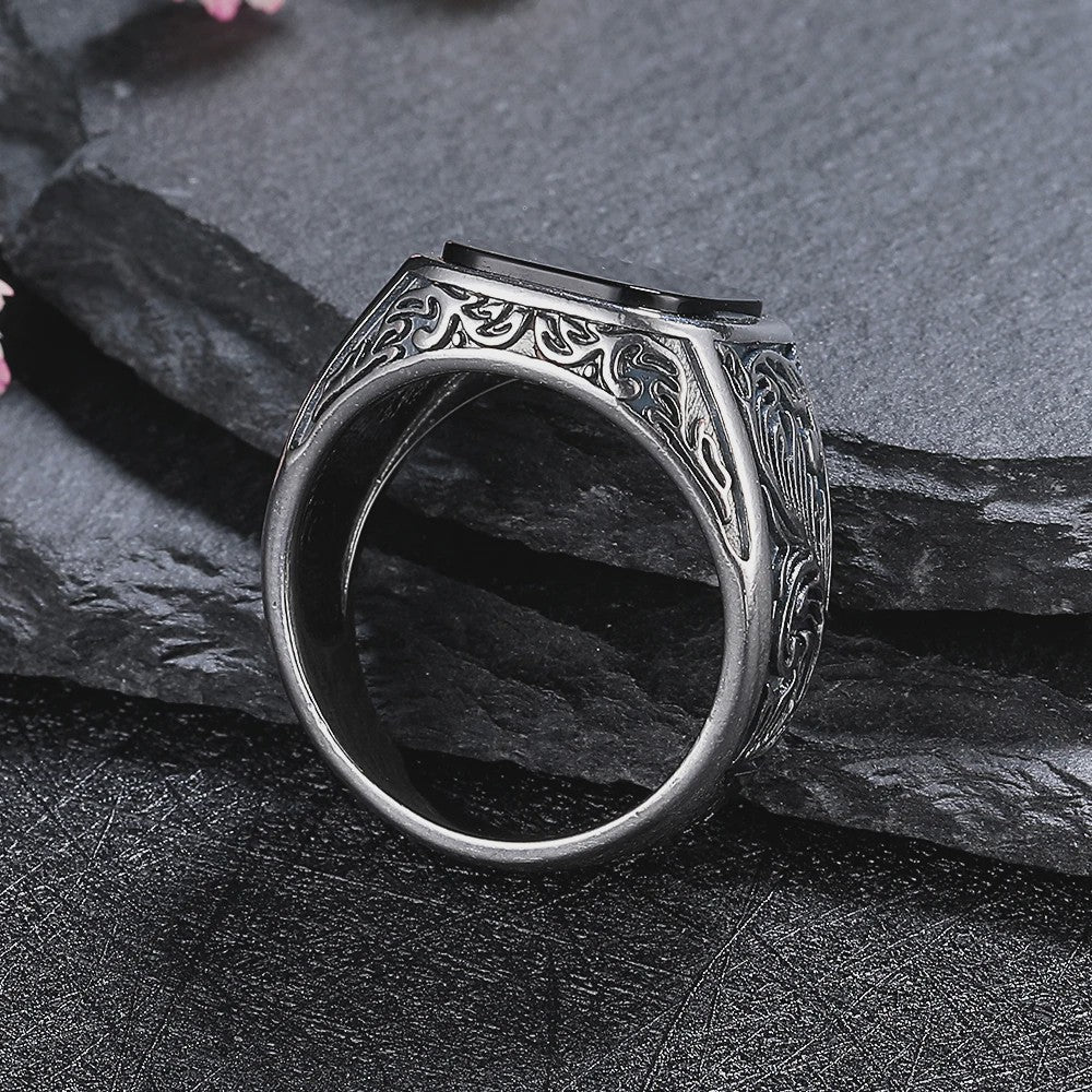 Heren Ring Zwart Onyx Vierkant 12x14mm Vintage Sterling Zilver - Stoere Gothic Statement Ring