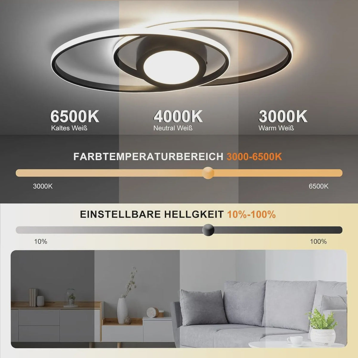 Moderne Zwarte LED Plafondlamp 48W Dimbare met Afstandsbediening & Kleurtemperatuur 3000K-6500K
