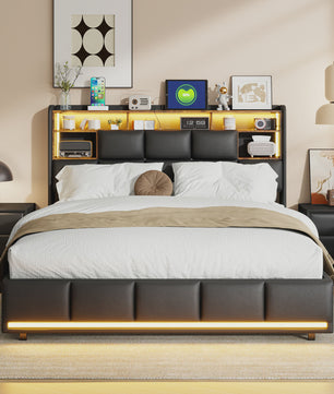 Luxe Gestoffeerd Bed met Hydraulische Opbergruimte, LED Verlichting en Laadstation