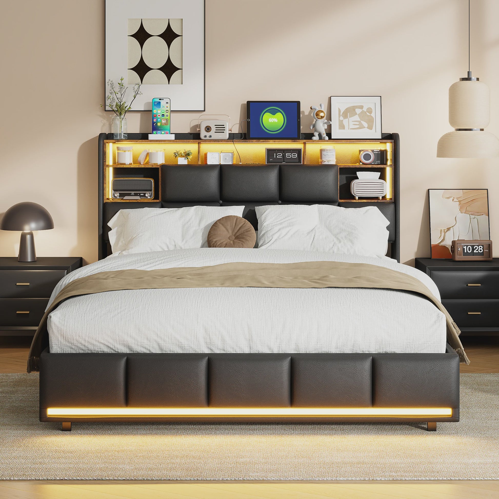 Luxe Gestoffeerd Bed met Hydraulische Opbergruimte, LED Verlichting en Laadstation