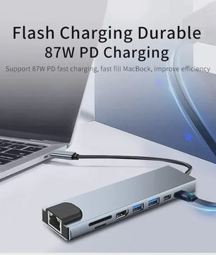 8-in-1 USB-C Hub: 4K HDMI, RJ45 Ethernet, SD/TF Kaartlezer & PD Snelladen