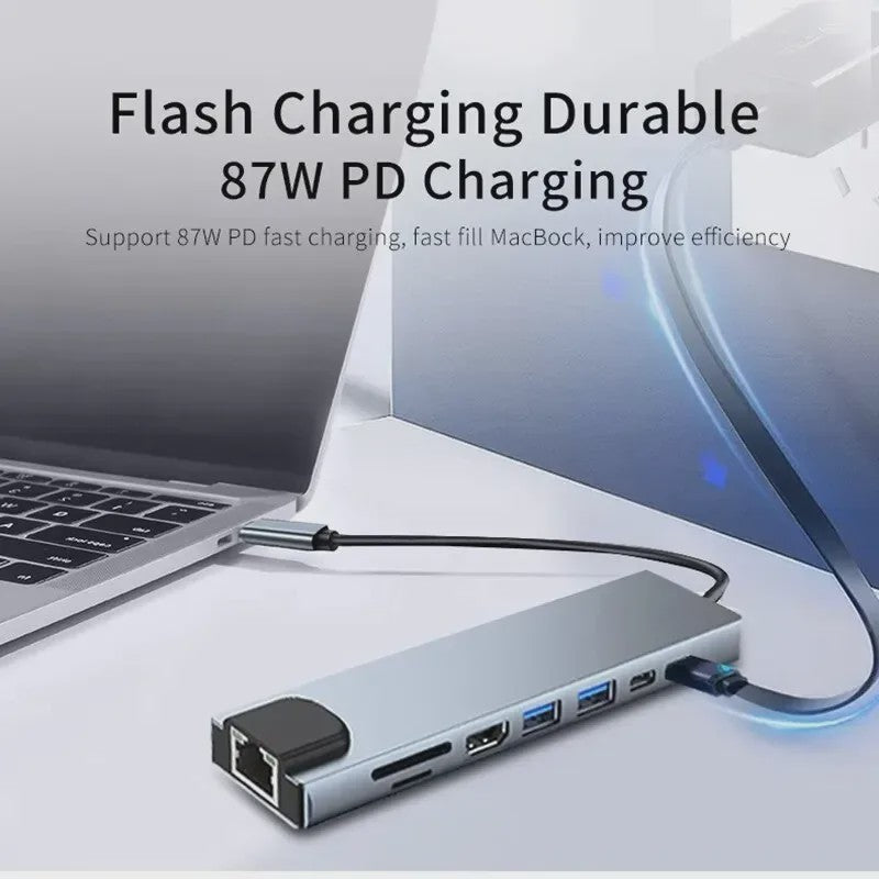 8-in-1 USB-C Hub: 4K HDMI, RJ45 Ethernet, SD/TF Kaartlezer & PD Snelladen
