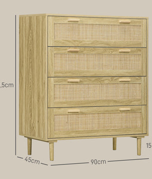 Bohemien Ladekast met 4 Lades en Gevlochten Hars Front - 90x45x108.5 cm