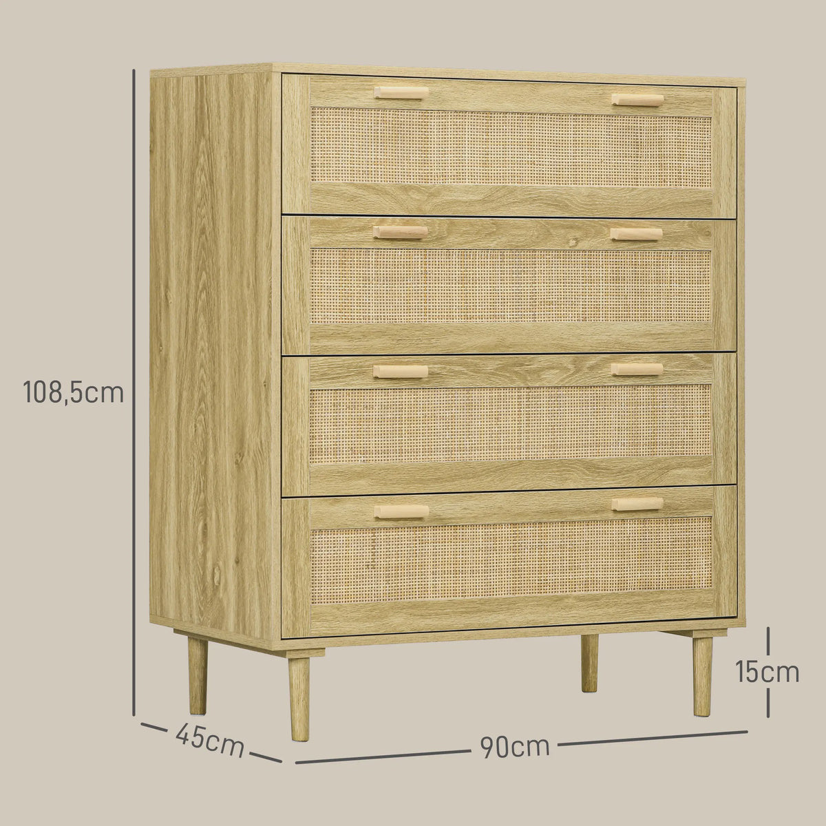 Bohemien Ladekast met 4 Lades en Gevlochten Hars Front - 90x45x108.5 cm