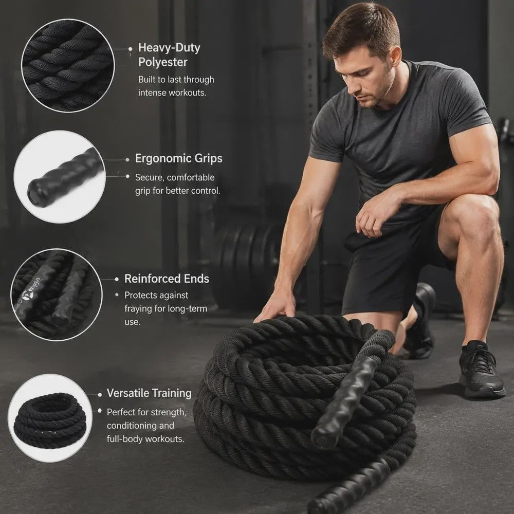 Zwarte Battle Rope 6m (4.5kg) - Duurzaam Polyester Trainingsmateriaal voor Thuis en Buiten