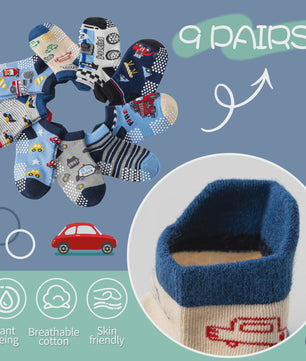 9 Paar Babysokken Jongens - Antislip Enkel Sokken met Auto Print & Grip - Katoen