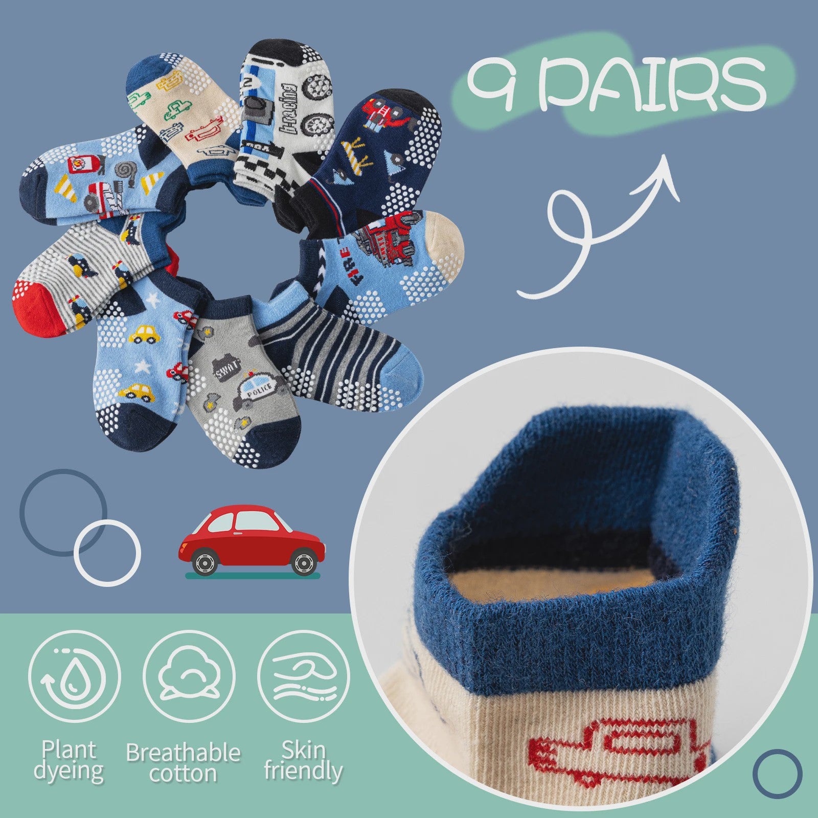 9 Paar Babysokken Jongens - Antislip Enkel Sokken met Auto Print & Grip - Katoen