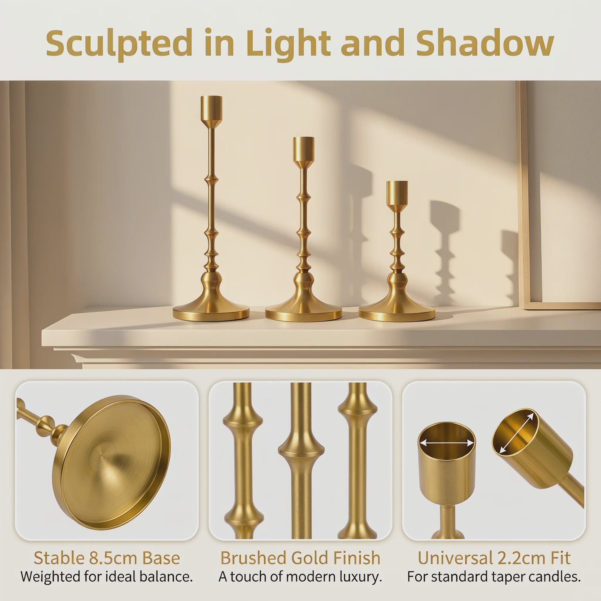 Set van 3 Unieke Metalen Kaarsenstandaards - Goud & Zwart - Elegante Tafeldecoratie