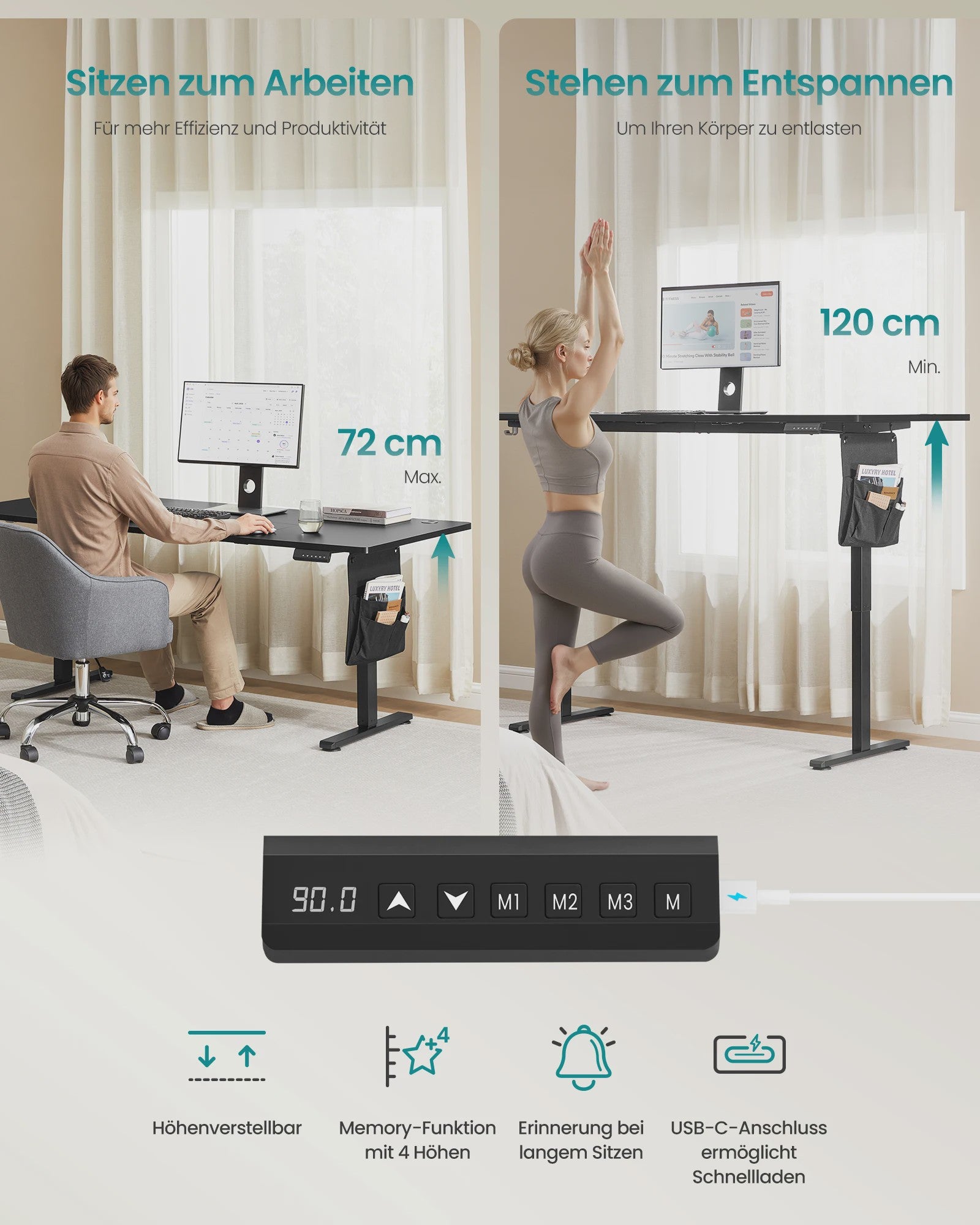 SONGMICS Elektrisch In hoogte Verstelbaar Bureau 180x80 cm met USB-C en Memory Functie