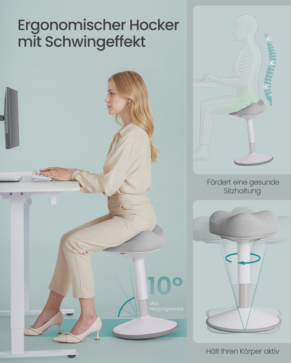Ergonomische Sta-Zithocker met Schommel Effect - Hoogte Verstelbaar (48-65.5 cm) & Anti-Slip Basis