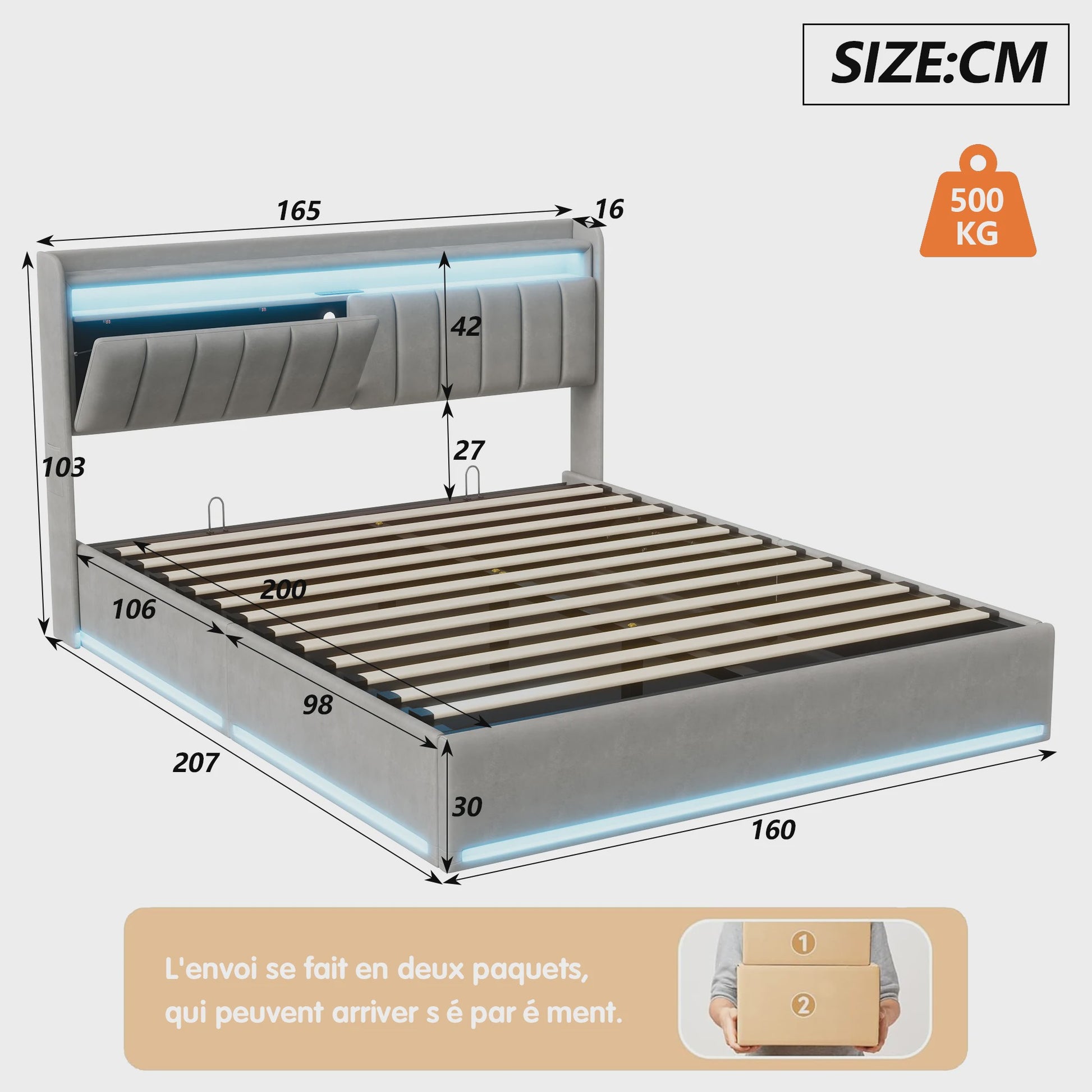 Luxe Dubbel Bed met LED Verlichting, USB-poorten en Opbergruimte - Velvet Stof