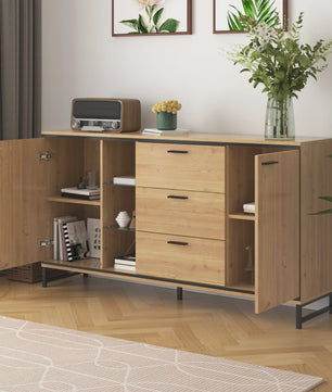 Modern Dressoir Zwart met Houtlook - 3 Lades & Opbergruimte