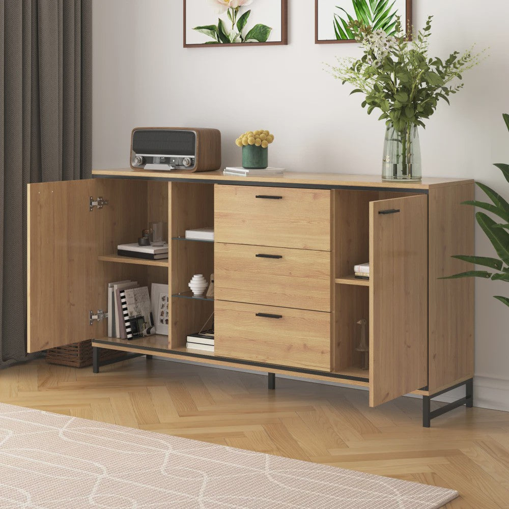 Modern Dressoir Zwart met Houtlook - 3 Lades & Opbergruimte