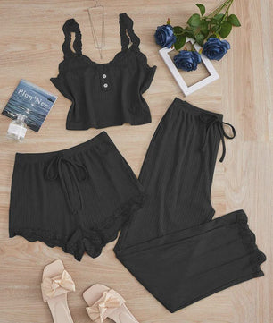 Dames 3-delige Pyjamaset met Kant - Zomer Vest, Shorts & Lange Broek
