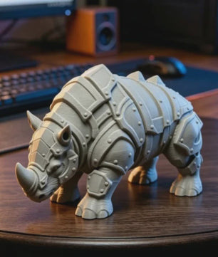 3D Geprinte Gepantserde Neushoorn Figuur - Middeleeuwse Rivet Punk Sculptuur