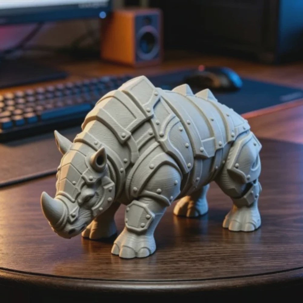 3D Geprinte Gepantserde Neushoorn Figuur - Middeleeuwse Rivet Punk Sculptuur