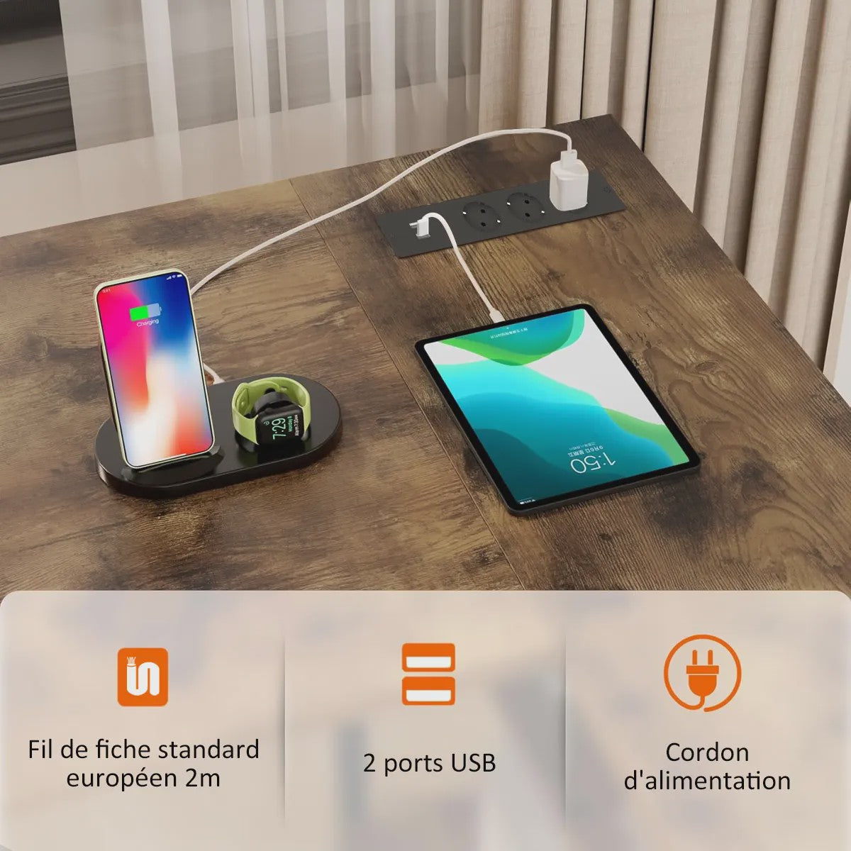 L-Hoekbureau met LED, 3 Stopcontacten, 2 USB-poorten, 2 Laden & Monitorstandaard